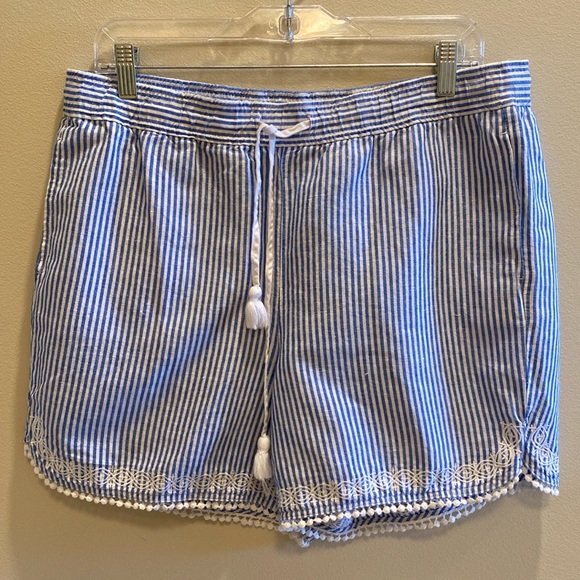 Talbots Pants - Talbots Linen Blend Blue White Stripe Embroidered Hem Elasticated Waist Shorts L